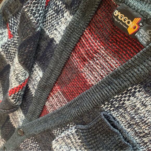 Vintage Plaid Cardigan Large Jacquard Knit VNeck 80s Sasson - Picture 6 of 15